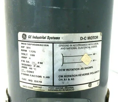 REPAIRED GENERAL ELECTRIC 5BPA56NAG10A DC MOTOR 1725 R.P.M. 3/4 H.P.