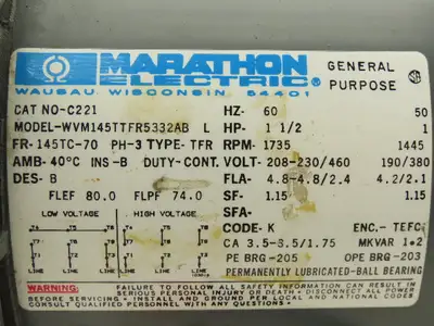 Marathon Electric C221 AC Motor 1-1/2Hp 1735rpm 208-230v 3ph 145TC TEFC