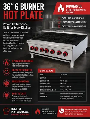 ELITE HS-6 Heavy Duty Stainless Steel 36" Six Burner Hot Plate