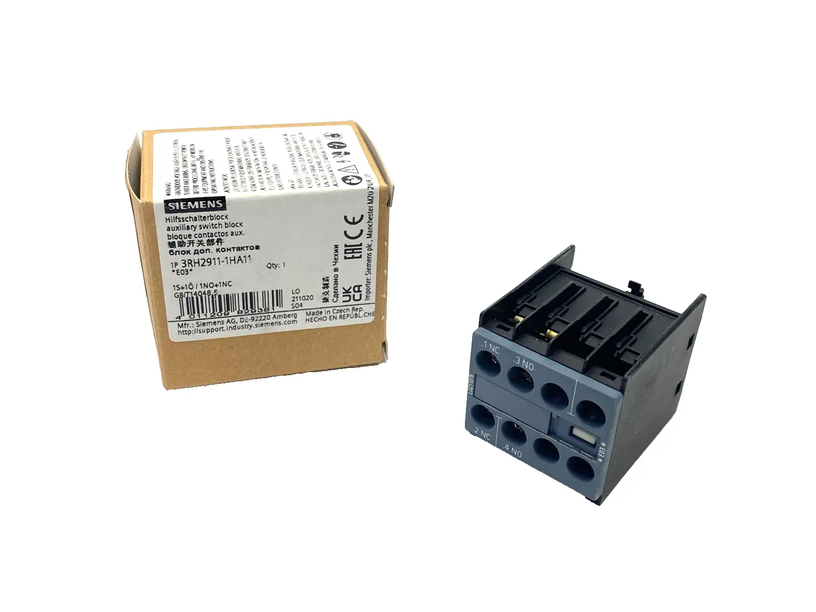 3RH2911-1HA11 | Siemens  Auxiliary Switch Block 1 NO + 1 NC, For 3RT2 & 3RH2 - New