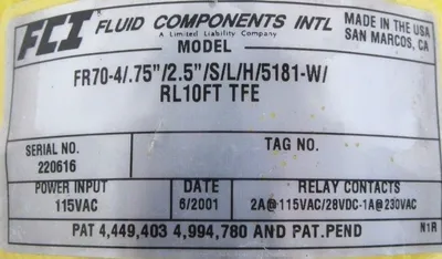 NEW FLUID COMPONENTS FR70-4/.75"/2.5"/S/L/H/5181-W/ SWITCH FR7047525
