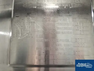 USED Precision 200 Liter Precision Stainless Reactor, 316 S/S, 45/100#
