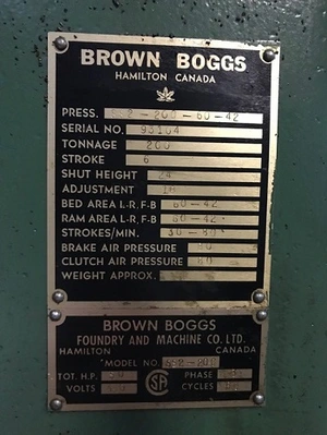 Used BROWN BOGGS SS2-200-60-42 Straight Side Presses New Jersey US | National Machinery Exchange #1498276