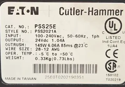 Eaton Cutler Hammer PSS25E Switching Power Supply 100-240 VAC 24VDC (BIN3.4.4)
