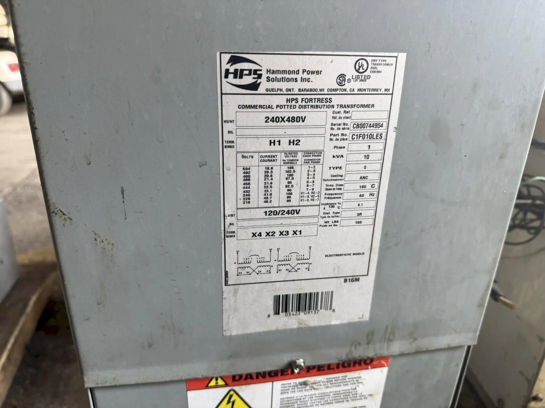 10 KVA HAMMOND POWER SOLUTIONS 240X480V <-> 120/240V SINGLE PHASE ELECTRICAL TRANSFORMER: YOBRO #24101