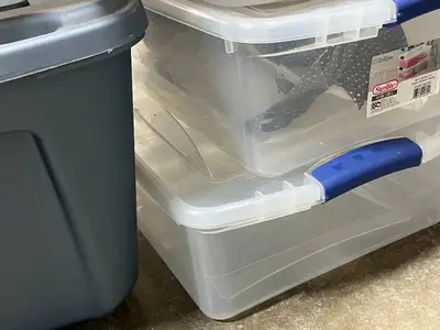 Set of 3 Clear Sterilite Storage Totes and 1 Blue Rubbermaid Tote