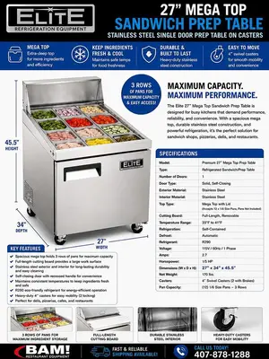 Elite Stainless Steel Single Door 27" Mega Top Sandwich Prep Table on Castors