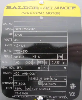 NEW BALDOR CS-8205B MOTOR 3/1.5HP 460V 184TCZ CS8205B 36P410W675G1