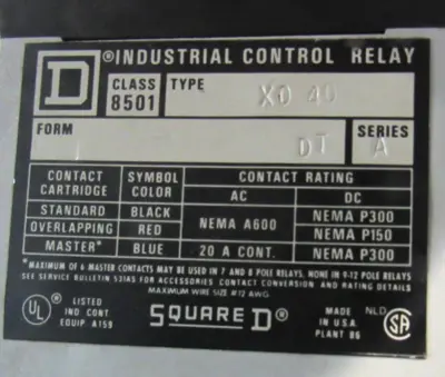 NEW SQUARE D 8501 X0-40 CONTROL RELAY 8501X040