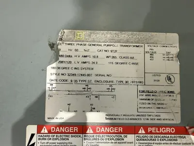 9 KVA SQUARE D ELECTRICAL 3 PHASE TRANSFORMER 480 DELTA <-> 208Y/120 VOLT: YOBRO #24141