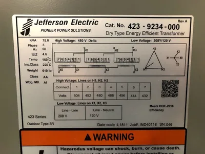 New 75 KVA Dry Type Transformer 480 Delta 208Y/120 423-9234-000 FREE SHIPPING