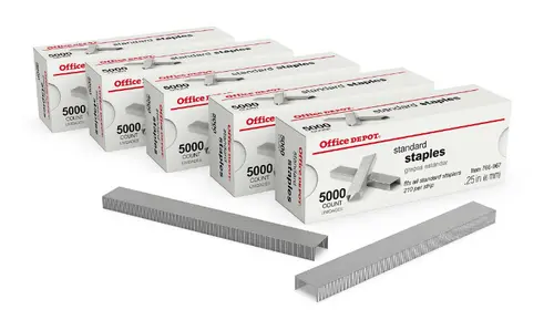 Office Depot Standard Staples, 1/4", 5,000 Staples Per Pack, Box of 5 Packs