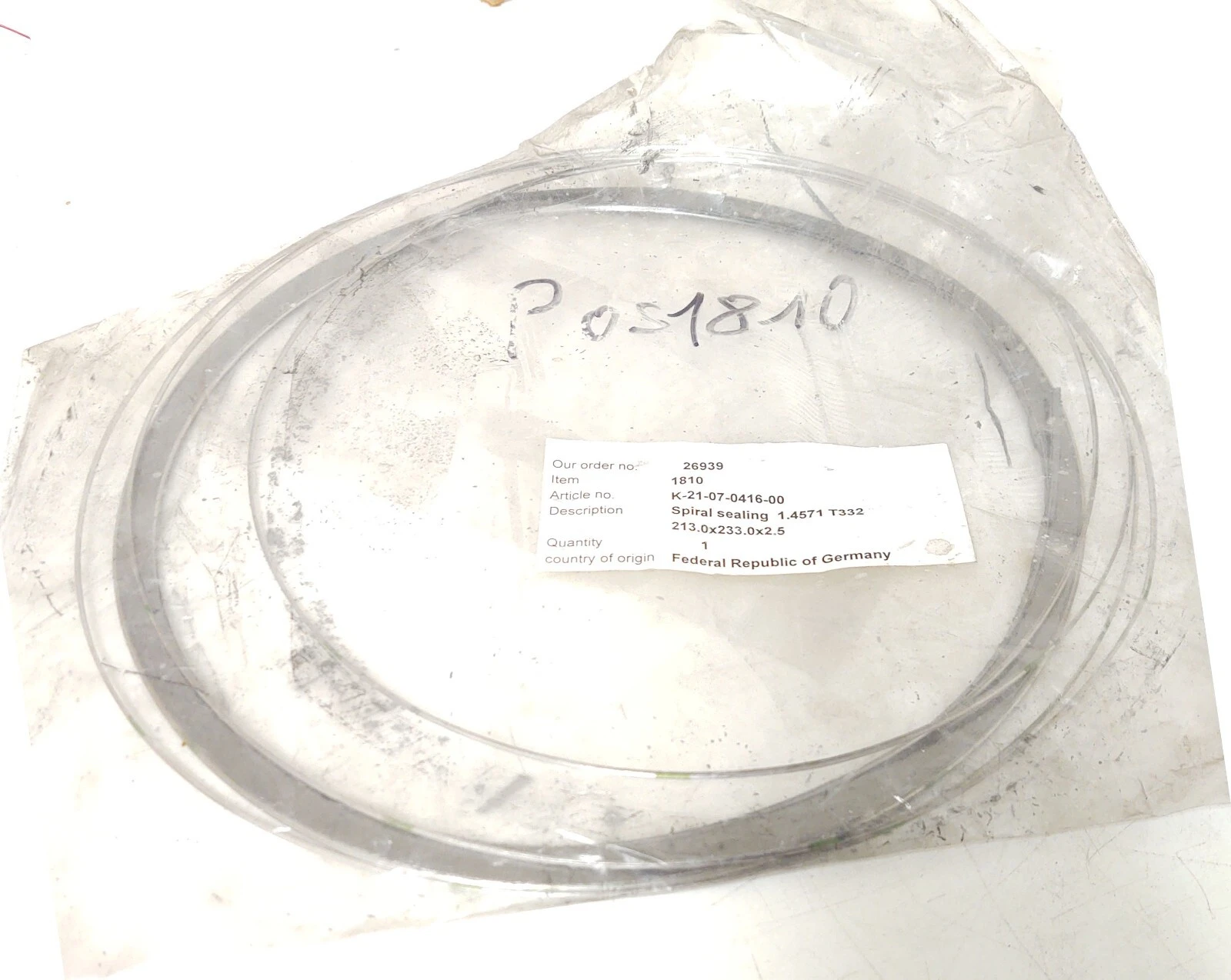 T332 Spiral Pump Sealing Rings 1810  1.4571  213.0x233.0x2.5