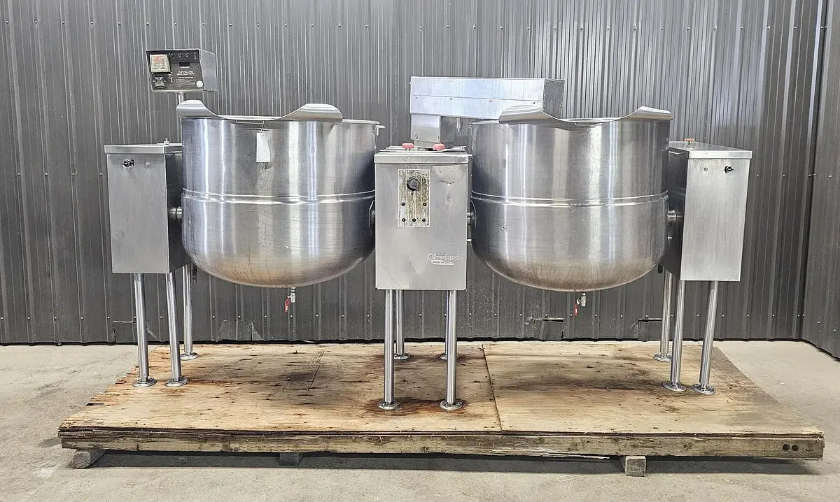 🔴 Heading to Auction May 27 - Used Twin 150 Gallon Cleveland Kettles, 316 Stainless Steel