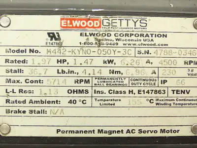 Elwood M442-KYN0-050Y-3C AC Servo Motor 4500RPM 1.97HP 3PH IP66