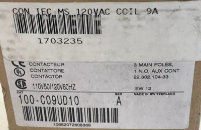 ALLEN BRADLEY 100-C09UD10 CONTACTOR SER.A 100C09UD10 NEW, SURPLUS