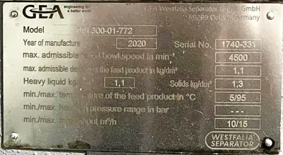 (3) GEA Westfalia SSI 300-01-772 vegetable protein separator centrifuges, 316SS.
