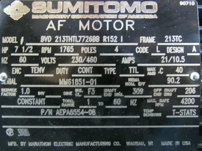 NEW SUMITOMO BVD-213THTL7726BB-R152-I MOTOR 7.5HP 1765 RPM 230/460V 213TC