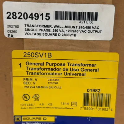 NEW SQUARE D 250SV1B TRANSFORMER 240/480VAC