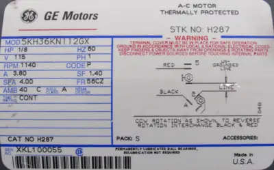 NEW GE H287 MOTOR 1/8HP 115V 1140 RPM