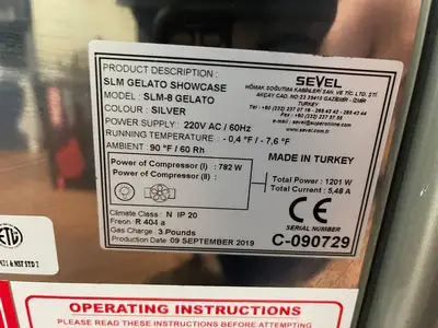 Used Sevel Used 2019 Sevel SLM-8 Gelato Ice Cream Lighted Showcase Display Freezer 220V Display Freezers Illinois US | Falcon Restaurant Supply #1375664