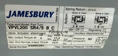 NEW JAMESBURY VPVL200SR4/5BC ACTUATOR VPVL200SR45BC