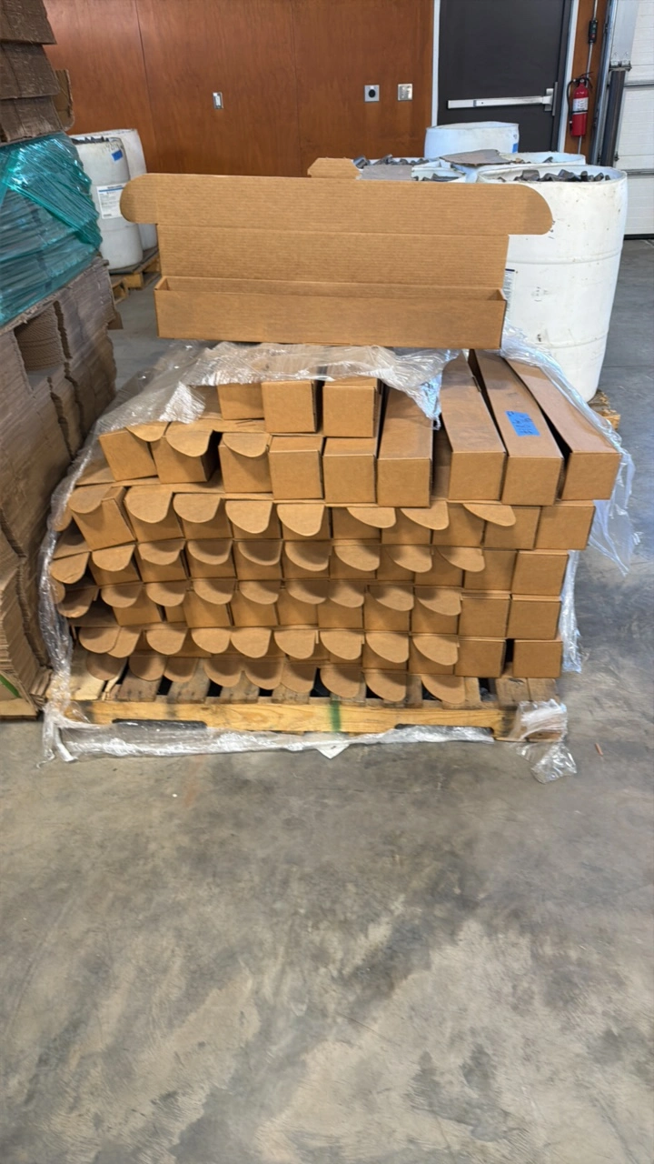 Pallet of empty Boxes measures 30.75" L x 4"  x 4". Quantity approx 53