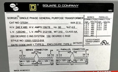 🔥SQUARE D 37S3H 37.5 KVA H.V. 240/480 L.V. 120/240 SINGLE PHASE TRANSFORMER