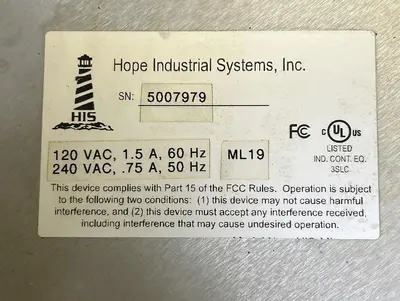 USED HOPE INDUSTRIAL SYSTEMS ML19