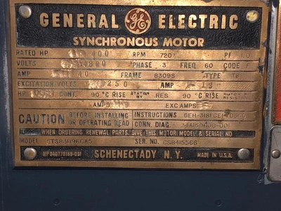 400 HP General Electric Synchronous Motor 720 Rpm 4800 Volts