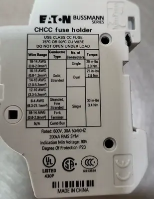 Eaton Bussmann CHHCC Series Dual Fuse Holder 600V 30A (BIN 3.5.2)