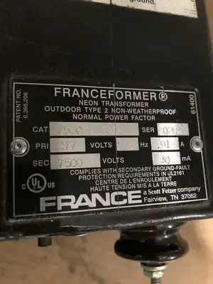 Franceformer 7530 P5G-2 Neon Transformer 277V 0.91A 60Hz 7500V 30mA Type 2