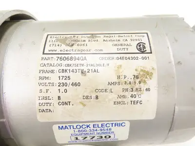 Electra Gear CBK75ETW-21AL30LE/F Gearmotor 30:1/58rpm .75Hp 230/460V 3PH w/Brake