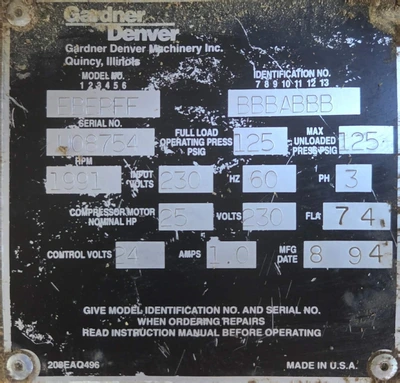 Used 1994 GARDNER DENVER EBEPFF Rotary Screw & Sliding Vane Air Compressors Massachusetts US | ARC Equipment Corp #1332306
