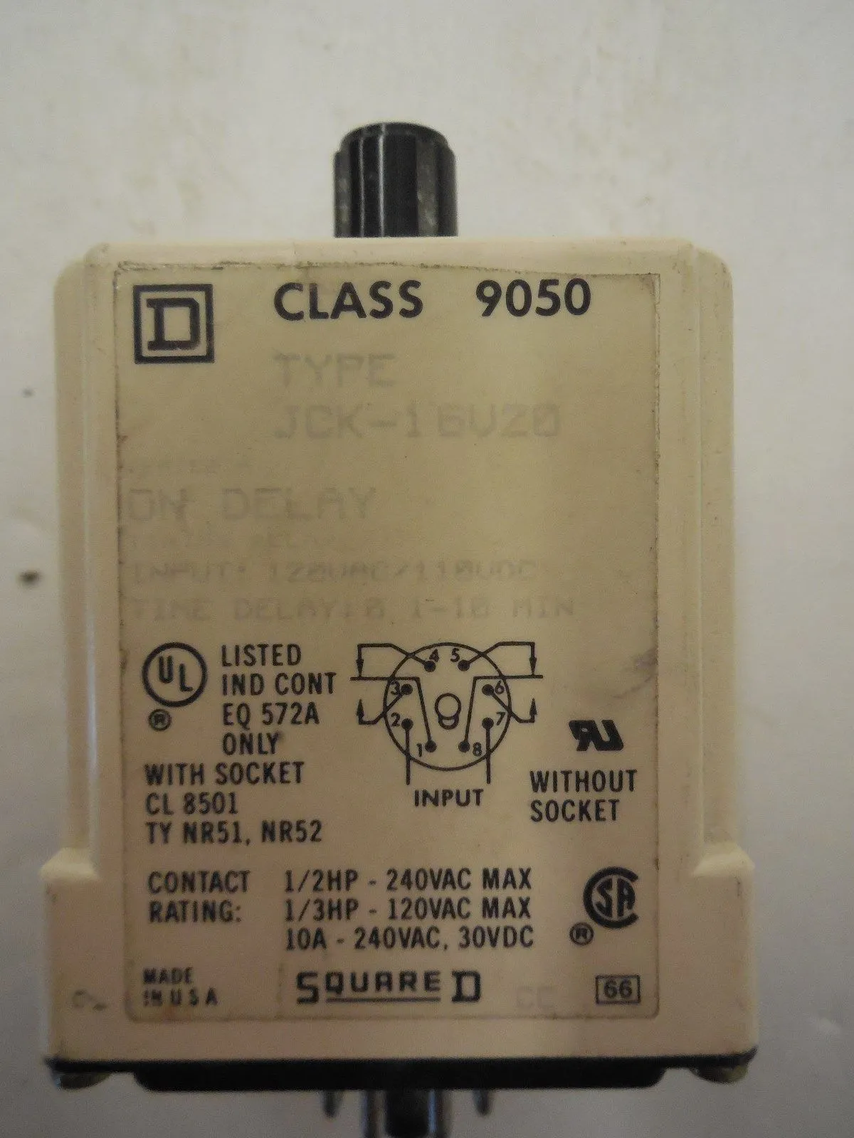 USED SQUARE D 9050-JCK16-V20 TIME RELAY DELAY 9050JCK16V20
