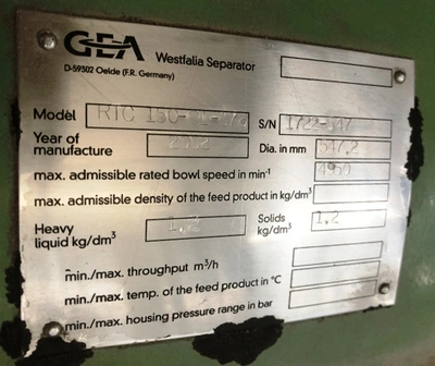 Westfalia RTC 150-01-578 solid wall separator, SS.