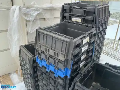 Skid lot of plastic closable storage containers approx. 11”x11”x7”