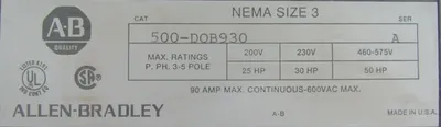 NEW ALLEN BRADLEY 500-DOB930 STARTER SIZE 3 SER. A 460-480V 500DOB930