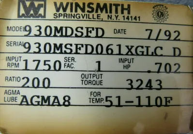 REFURBISHED WINSMITH 930MDSFD GEAR REDUCER RATIO 200:1 RPM 1750