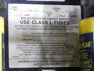 Boltswitch VL 369 Bolted Pressure Contact Switch 1600A 600VAC 3 Pole 3 Wire Used