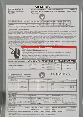 Siemens HNF361R Non-Fused HD Disconnect Safety Switch, 30A 3P 600V 3W, Type 3R [New]