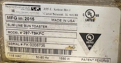 8-0152 Prince Castle 297-T9KFC Slim Line Bun Toaster