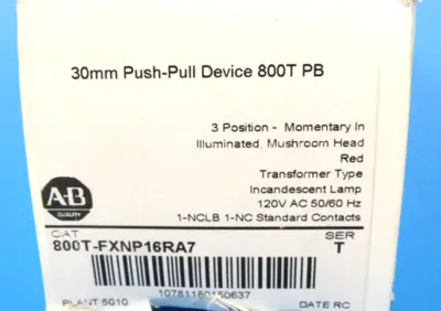 ALLEN BRADLEY 800T-FXNP16RA7 PUSHBUTTON 800TFXNP16RA7 NEW SURPLUS