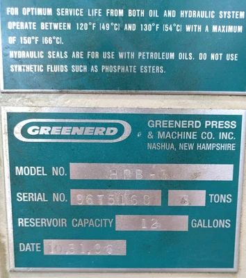 USED 1996 GREENERD PRESSES GREENERD HPB-3 PRESS