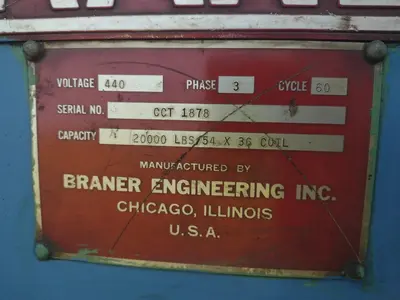 20,000 LBS X 54" X 36" BRANER HYDRAULIC COIL CAR UPENDER WITH POWER FEED CONVEYOR: YOBRO #25238