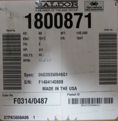 NEW BALDOR 1800871 BRAKE MOTOR 2/1 HP 460V 184T 108704105DQF