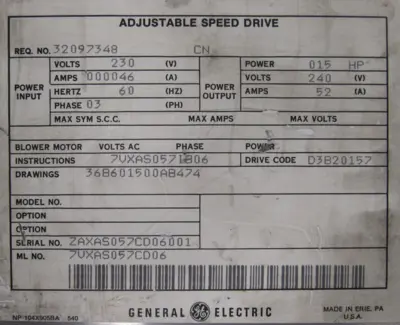 USED GENERAL ELECTRIC 7VXAS057CD06 15HP 240V 53IXI33PRUAGGI F3IX300CCHAAGIFR0I