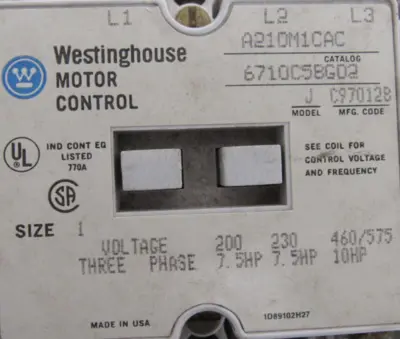 NEW WESTINGHOUSE A210M1CAC STARTER SIZE 1 MODEL J