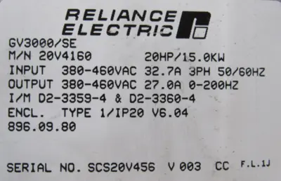 USED RELIANCE ELECTRIC 20V4160 DRIVE 20HP GV3000/SE