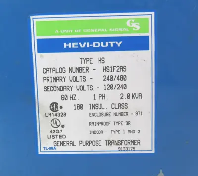 GS Hevi-Duty HS1F2AS Transformer 1 Phase 60Hz 2.0KVA